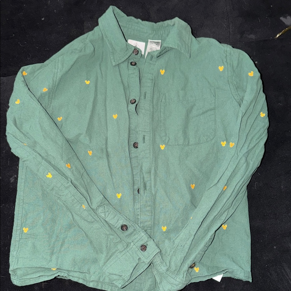 Disney Mickey Mouse Green Button-Up with Mickey emblem